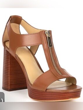 Michael Kors Women’s Brown Leather Platform Sandal with Front Zipper